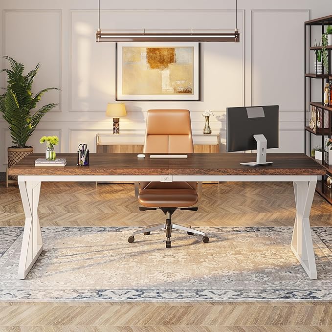 Tribesigns 78.7-Inch Executive Desk, Large Computer Office Desk Workstation, Modern Simple Style Laptop Desk Study Writing Table Business Furniture for Home Office (Rustic Brown/White, 78.7 Inch)