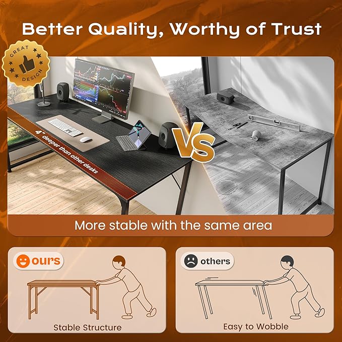 PRAISUN 54 X 24 Inch Computer Desk with Deeper Desktop, Gaming Office Writing Work Desk for Home Office, Study, Bedroom, Work from Home, Metal Frame, Black