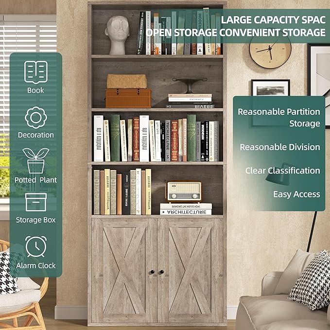 Shintenchi Bookshelf, Industrial Bookshelves and Bookcases with Doors Floor Standing 6 Shelf Display Storage Shelves 70.6 inches Tall Bookcase for Home Office, Living Room (Grey)