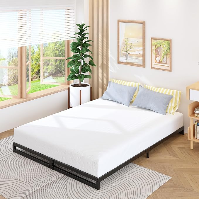 4 Inch Bed Frame Queen Size Heavy Duty Steel Slat Support Metal Platform Queen Bed Frame No Box Spring Needed, Easy Assembly, Black