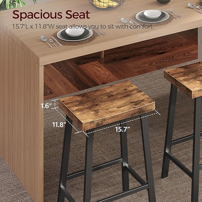 Bar Stools,Counter Height Bar Stools Set of 2, 23.7 Inch Saddle Stools with Footrest, Kitchen Stools, Industrial Style, for Dining Room, Counter, Bar, Rustic Brown and Black BAHR0801N1