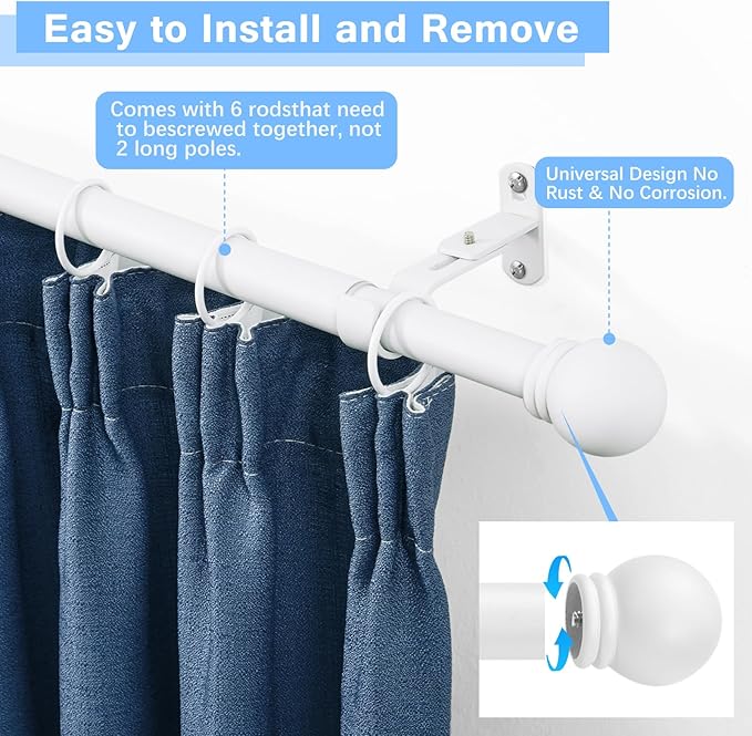 Curtain Rods for Windows 16 to 92 Inches, Curtain Rod Max Adjustable Length of 104 IN, 1" Diameter Drapery Rods Round Finials, White, Pack of 2