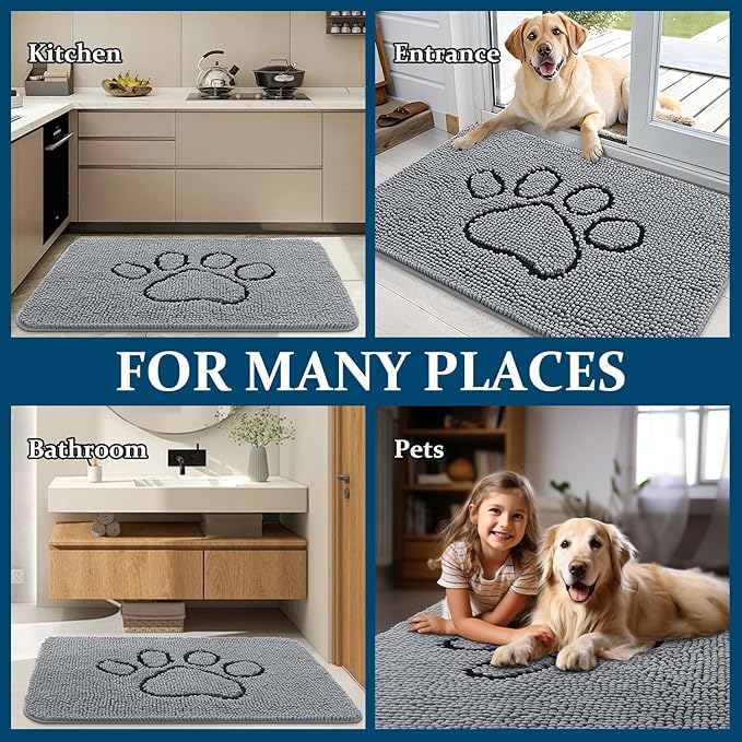 OLANLY Door Mat for Muddy Dog Paws 59x35, Ultra Absorbent Chenille Mud Doormat with Paw Print Design, Non-Slip Washable Doormat for Indoor Entryway, Quick-Dry Pet Bed Mats for Dirty Dogs, Grey
