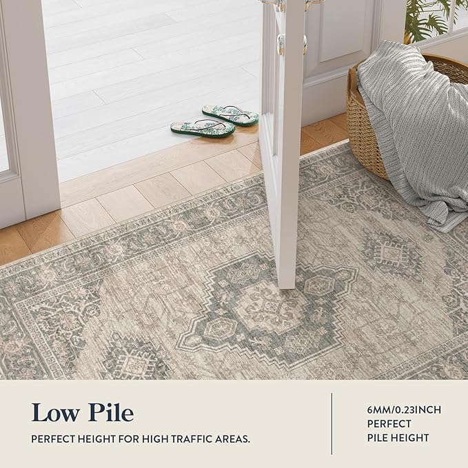 Lahome Oriental Kitchen Rugs Non Slip, 2x3 Small Rugs for Bedroom Entryway, Soft Door Mat Indoor Entrance Vintage Ultra-Thin Carpet for Kitchen Bathroom Bedroom, Grey/Brown