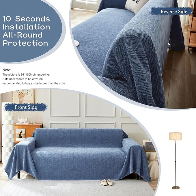 STACYPIK Durable Simple Blue Sofa Cover for Pets Kids Textured Herringbone Chenille Couch Covers for 2 Cushion Couch L Shape Couch Cover Versatile Protector Cover Multi-Use Blanket Washable-91X118IN