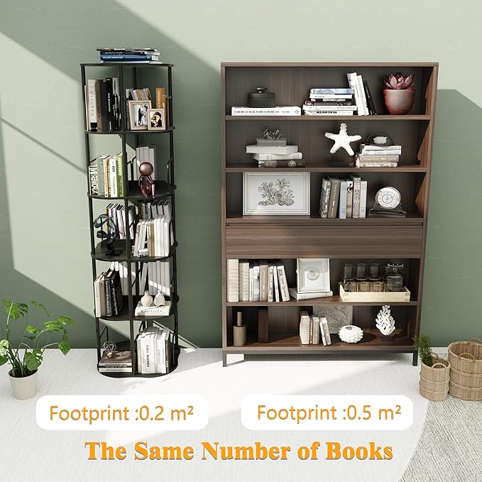 5-Tier Rotating Bookshelf, 360 ° Display Stackable Spinning Bookshelf Tower, Narrow Space Saving Tall Floor Standing Swivel Bookcase Corner Organizer for Bedroom, Living Room, Black