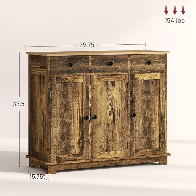 HOMCOM Sideboard with Solid Wood Countertop, Modern Kitchen Storage Cabinet, Coffee Bar Cabinet with 3 Drawers, Doors and Adjustable Shelf, Rustic Brown