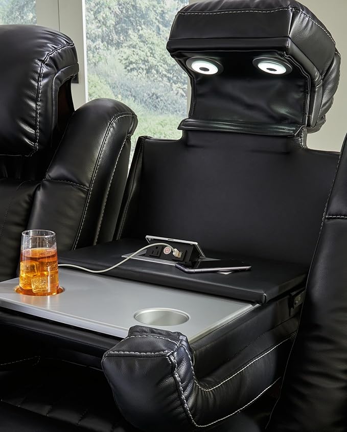 Signature Design by Ashley Caveman Den Modern Faux Leather Power Reclining Sofa with Adjustable Headrest, Drop Down Table, Electrical Outlets and LED Reading Lights, Black