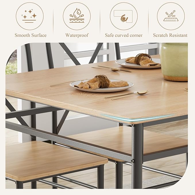 VECELO 5-Piece Kitchen Dining Table Set, Wood Tabletop & Heavy-Duty Metel Frame, Rectangle Dinette with 4 Chairs for Small Space, Breakfast Nook, Natural & Black
