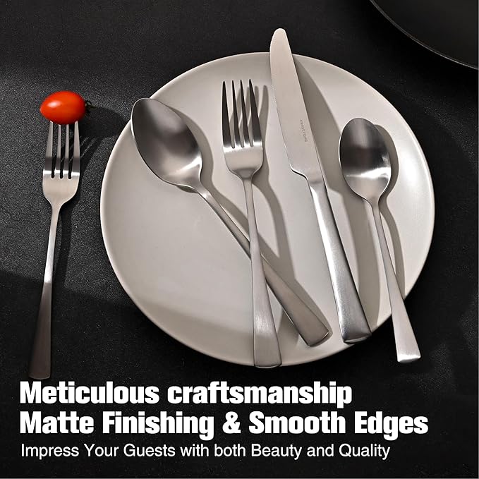 KINGSTONE Forged Silverware Set, 20 Piece Flatware Set for 4, 18/10 Stainless Steel Silverware Matte Satin Finish Dishwasher Safe