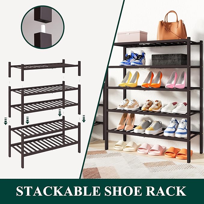 Smiry Shoe Rack, 5 Tier Thick Bamboo Shoe Organizer, Stackable Free Standing Wooden Shoe Storage Shelf for Closet, Entryway, Front Door Entrance, Brown