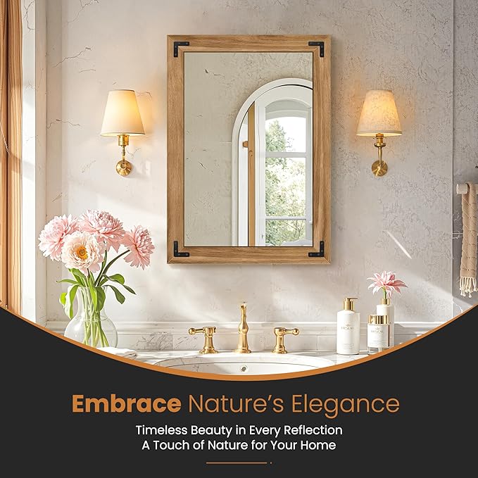 Bathroom Mirror for Wall with Wooden Frame, 20"x28" Solid Wood Vanity Mirror for Farmhouse, Bathroom, Bedroom, Vertical or Horizontal Hanging