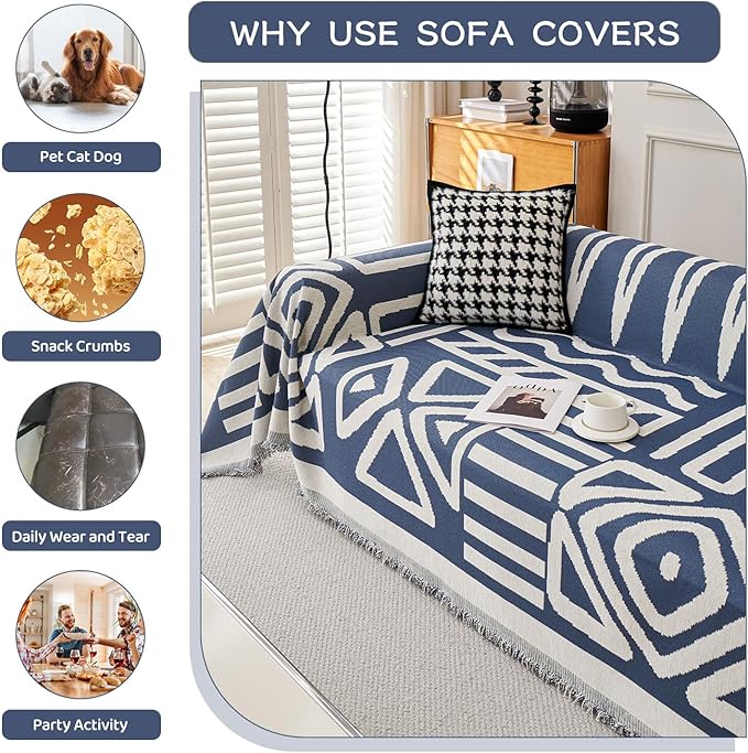 STACYPIK Boho Chenille Blue Sofa Cover L Shaped Couch Cover Reversible Couch Cover for 3 Cushion Couch Non-Silp Furniture Cover for Dogs Cats Sectional Sofa Cover for Loveseat Futon Cover-91X118IN