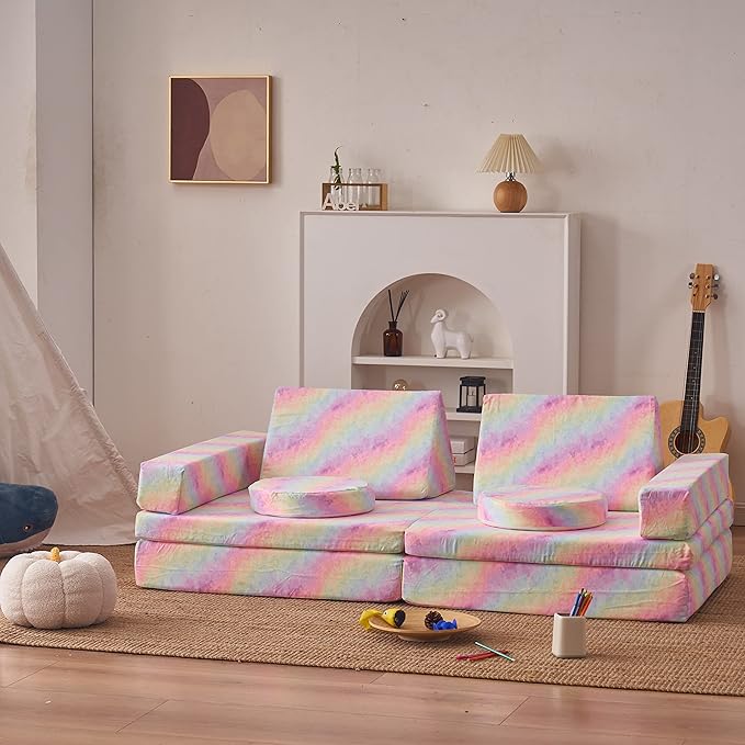 jela Kids Play Couch Castle Extended Size 10PCS with futons, Floor Sofa Modular Furniture for Kids and Adults, Foam Play Couch, Modular Play Sofa Set（Rainbow）