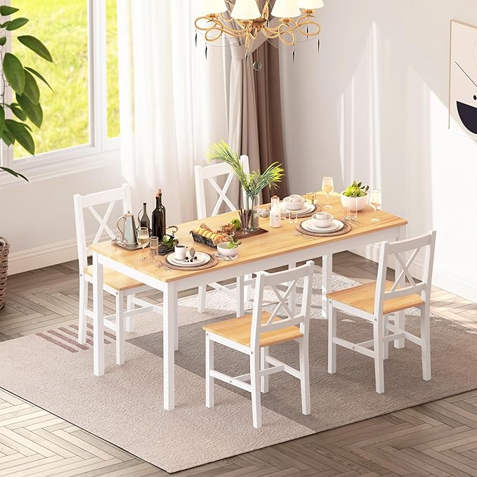 SogesPower Dining Table Set for 4, 5-Piece Wood Kitchen Dining Table Set with 4 Chairs for Kitchen Dining Room Restaurant Small Space, 47" White&Oak