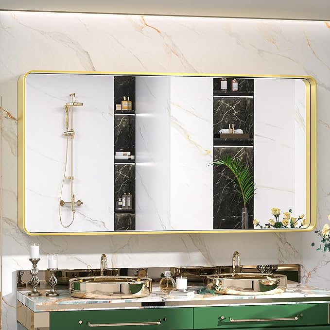 TokeShimi Bathroom Vanity Mirror 48 x 24 Inch Gold Metal Frame Round Corner Rectangular for Home Decor Living Room Entryway (Horizontal/Vertical)