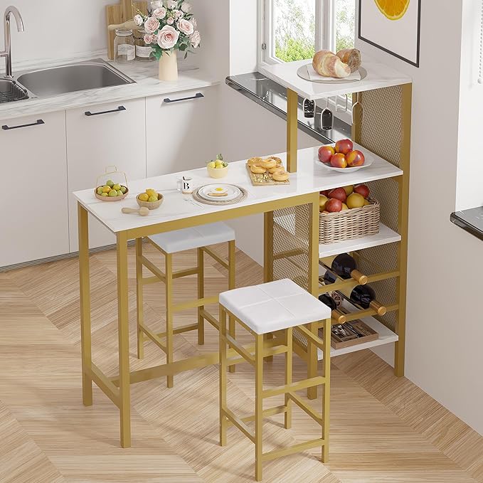 VECELO Bar Table and Chairs Set for 2, 3-Piece Dining Set with Storage Shelves, Cup Holder & Wine Rack, PU Leather Cushion Stools, for Kitchen Small Space, Gold