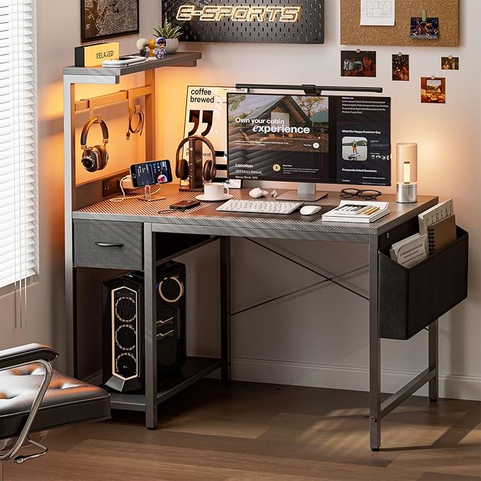 Gaming Desk 55 Inch with Power Outlet and LED Light, Computer Desk with Reversible Shelves and Storage Drawer, Pc Small Desk for Home Office Table with Bag, Carbon Fiber Grey