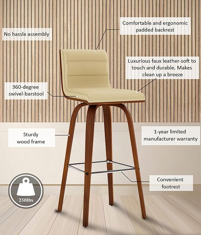 Armen Living Vienna Bar Height Bar Stool Kitchen and Dining, 30" Cream/Walnut, More color/size option