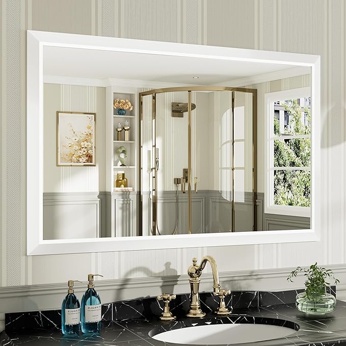48x30 Inch White Bathroom Mirror for Wall, Thick Metal Framed Rectangle Mirrors for Over Sink, Bedroom, Living Room, Entryway, Anti-Rust, HD Tempered Glass