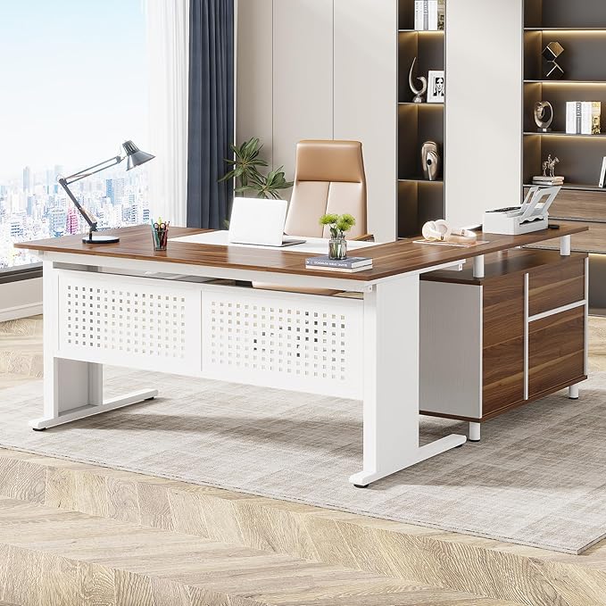 Tribesigns 63 Inch Executive Desk with File Cabinet, L Shaped Office Desk with Drawers and Storage Shelves, Business Furniture Set Workstation for Home Office, White and Walnut