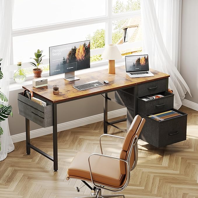 Casaottima 48" Small Computer Home Office Desk for Bedroom with Fabric Drawers & File Cabinet, Cloth Storage Bag and Hook, Writing Study Work Table for Small Space, Vintage