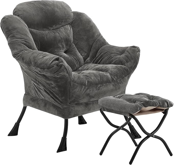 Fabric Lazy Chair with Ottoman, Oversized Upholstered Sofa Chair for Adults, Plush Comfy Lounge Chair with Large Side Storage Pocket, Reading Chair for Living Room, Bedroom, Office, Dark Gray