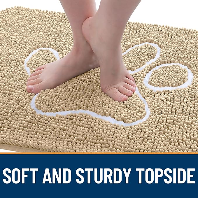 OLANLY Door Mat for Muddy Dog Paws 47x32, Ultra Absorbent Chenille Mud Doormat with Paw Print Design, Non-Slip Washable Doormat for Indoor Entryway, Quick-Dry Pet Bed Mats for Dirty Dogs, Beige