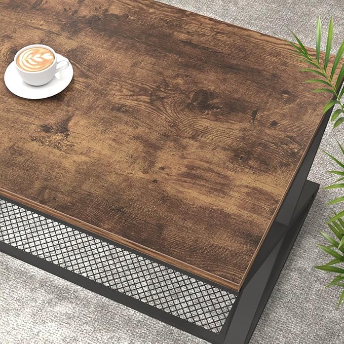 LVB Rustic Coffee Table with Storage, Industrial Wood Metal 2 Tier Center Living Room Table with Mesh Shelf, Farmhouse Wooden Low Rectangle Cocktail Tea Table for Office Bedroom, 47 inch, Rustic Brown