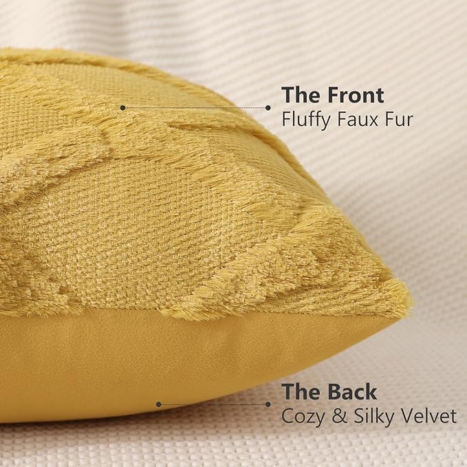 decorUhome Fall Throw Pillow Covers 22x22 Inch Set of 2, Soft Plush Faux Fur Wool Mustard Yellow Couch Pillow Covers, Decorative Neutral Pillow Cases for Bed Sofa Living Room Home Decor