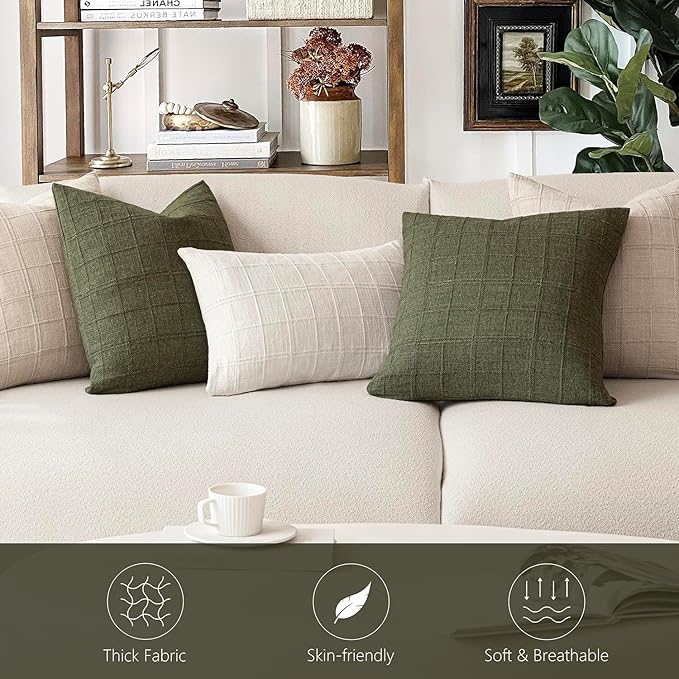 Foindtower Set of 2 Decorative Linen Check Throw Pillow Covers Neutral Farmhouse Vintage Cushion Covers Modern Boho Home Decor for Sofa Chair Couch Bedroom Living Room Outdoor,18×18 Inch,Olive Green