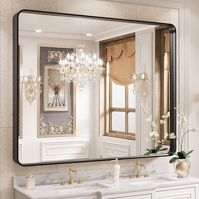 WEER Black Framed Mirror for Bathroom, 40x32 Inch Matte Black Bathroom Vanity Mirror, Rectangular Black Metal Framed Wall Mirror with Tempered Glass, Rounded Corner, Anti-Rust (Horizontal/Vertical)