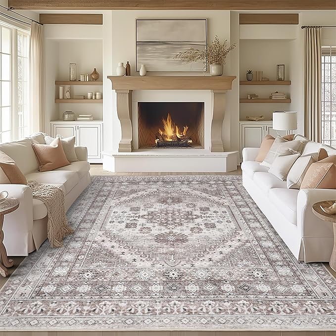 zesthome 7x9 Area Rug, Super Soft Washable Rugs for Living Room, Non-Slip Stain Resistant Vintage Rugs, Ultra-Thin Large Area Rugs (Brown/Beige,7'x9')