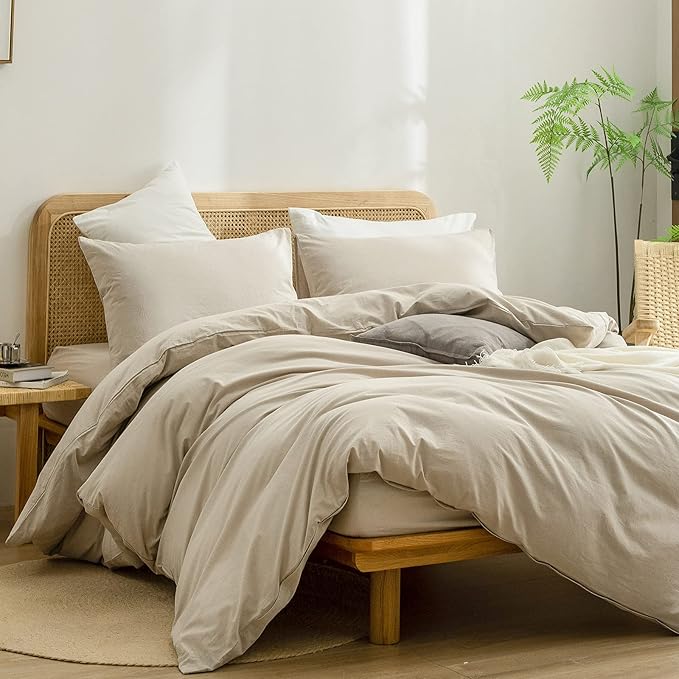 BESTOUCH Duvet Cover Set 100% Washed Cotton Linen Feel Super Soft Comfortable Chic Lightweight 3 PCs Home Bedding Set Solid Almond Milk Grey King
