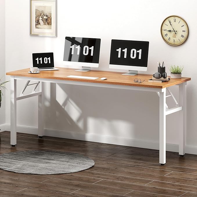 SDHYL 62 inches No Assembly Foldable Computer Desk for Home Office Workstation, Modern Large Folding Study and Writing Table with Metal Frame, Teak and White