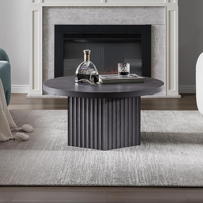 SICOTAS Round Coffee Table for Living Room, Mid Century Modern Fluted Center Coffee Table with Storage, 32" Circle Accent Tea Dining Table for Apartment, Dark Grey Alder