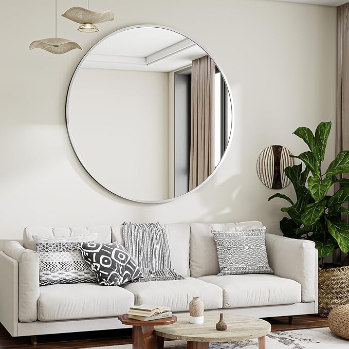 Silver Round Bathroom Mirror, 48 inch Large Circle Wall Mounted Hanging Mirror with Simple Modern Circular Metal Frame for Hallway, Entryway, Living Room, Silver Frame