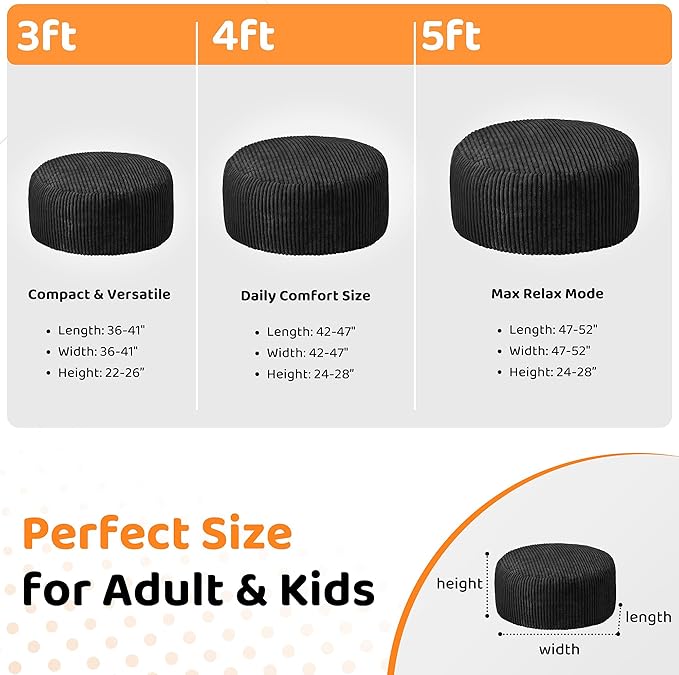 HABUTWAY 5FT Bean Bag Chair, 5' Large Bean Bag Chairs for Adults with Removable Stripe Plush Cover, Memory Foam Beanbag Chair for Living Room Bedroom Dorm (Black)
