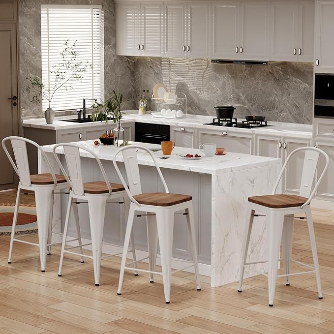 Changjie Furniture 24 Inches Metal Barstools Set of 4 Counter Height Bar Stools Industrial Stools with Backs High Back Chairs for Kitchen Island (24 Inch, White)