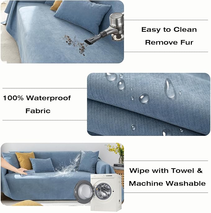 STACYPIK Blue Waterproof Blue Couch Cover, Sofa Cover for 3 Cushion Couch Pet-Friendly, Non-Slip Anti-Scratch Couch Cover for Dogs, L Shaped Sectional Cover, Washable Furniture Protector-71X134IN