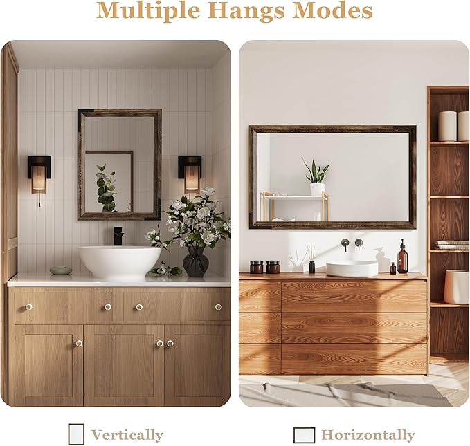 YOSHOOT Farmhouse Bathroom Mirror, Rustic Wooden Framed Mirror, Wood Vanity Mirror, Solid Wood & Handmade, Vertical or Horizontal Hanging for Bathroom Entryway Living Room Bedroom, 40" x 26", Brown