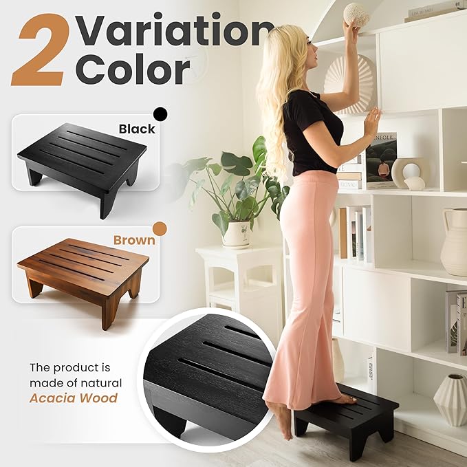 Holana 6.5" Wooden Step Stool for Adults (No Assemble Required)- 500 Lbs One Step Stools for High Bed Riser - Small Stepping Stool for Elderly, Seniors, Kid/Bathroom, Bed, Kitchen (Black)