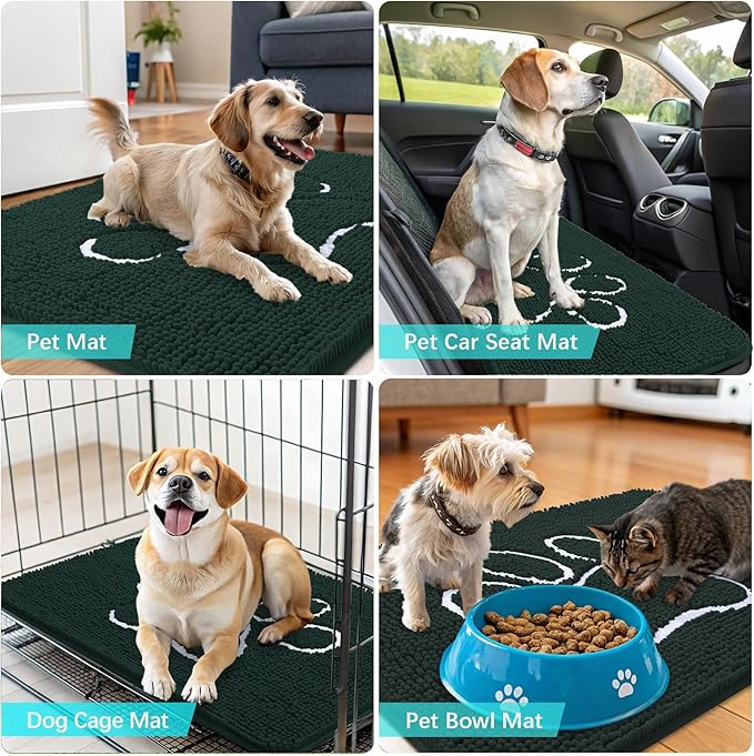 OLANLY Door Mat for Muddy Dog Paws 36x24, Absorbent Chenille Mud Doormat with Paw Print Design, Non-Slip Washable Doormat for Indoor Entryway, Quick-Dry Pet Bed Mats for Dirty Dogs, Blackish Green