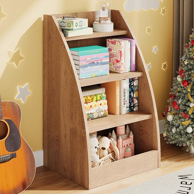 Kids Bookshelf,4 Tier Kids Book Shelf for Kids Rooms,Wood Children Bookcase,Baby Storage Book Rack,Toddler Bookshelf, Book and Toy Organizer,Book Display Shelf for Bedroom, Playroom, Nursery