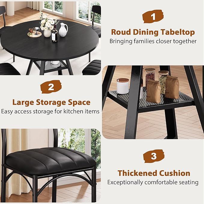 51‘’ Round Dining Table Set for 4, Kitchen Table and Chairs for 4, Circle Table Round Pedestal Dining Room Dinner Dinette Table Set,5 Piece Space Saving Wood Kitchen & Dining Room Tables (Black, 51In)