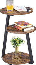 BEWISHOME Round End Table Side Table with Metal Frame, Accent Nightstand Bedside Table with 3-Tier Shelves, Small Couch Coffee Table for Living Room Bedroom Rustic Brown KTZ41Z