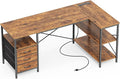Huuger L Shaped Office Desk with Power Outlets, 55 Inch Computer Desk with 3 Drawers, Shelves, Reverisble for Gaming Corner Work Home Office Study, Rustic Brown