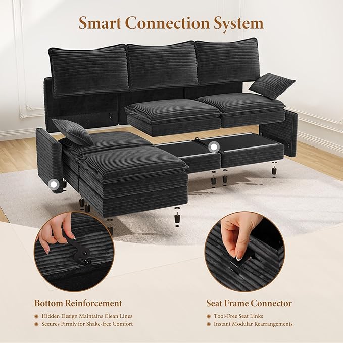 Vesgantti 108" U Shaped Sectional Couch, Comfy Cloud Modular Sectional Sofa with 2 Ottoman Deep Seat Corduroy Modern Cloud Sofa, Modular Sofas for Living Room, Bedroom and Apartment, Gray
