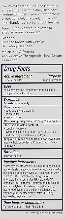 CeraVe Therapeutic Hand Cream for Dry Cracked Hands With Hyaluronic Acid and Niacinamide,Fragrance Free 3 Ounce,(Pack of 2)