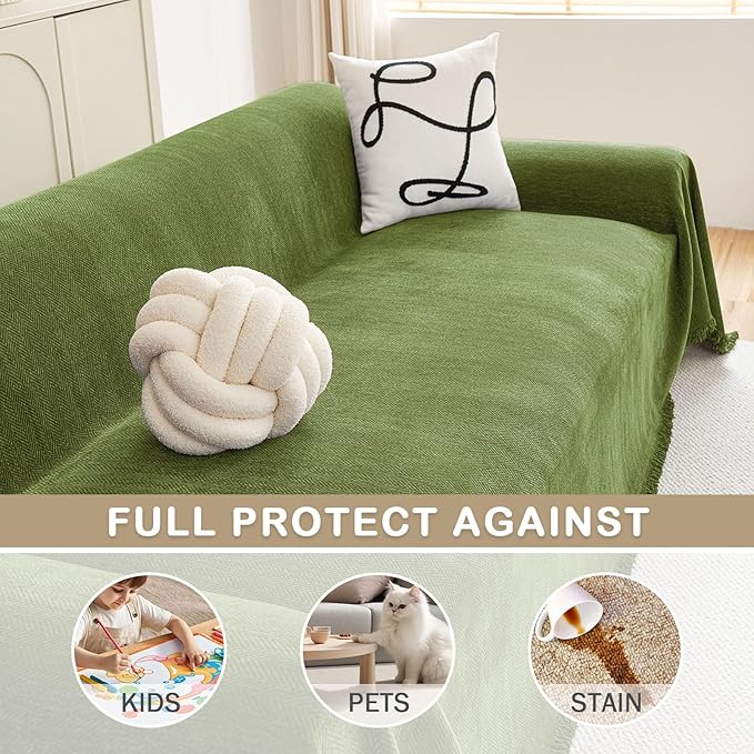 hyha Couch Cover for Dogs, Boho Sofa Covers for 3 Cushion Couch Washable, Chenille Sofa Slipcover for Pets, Soft Loveseat Sectional Couch Throw Blankets with Tassels (Green, 71x150 Inch)